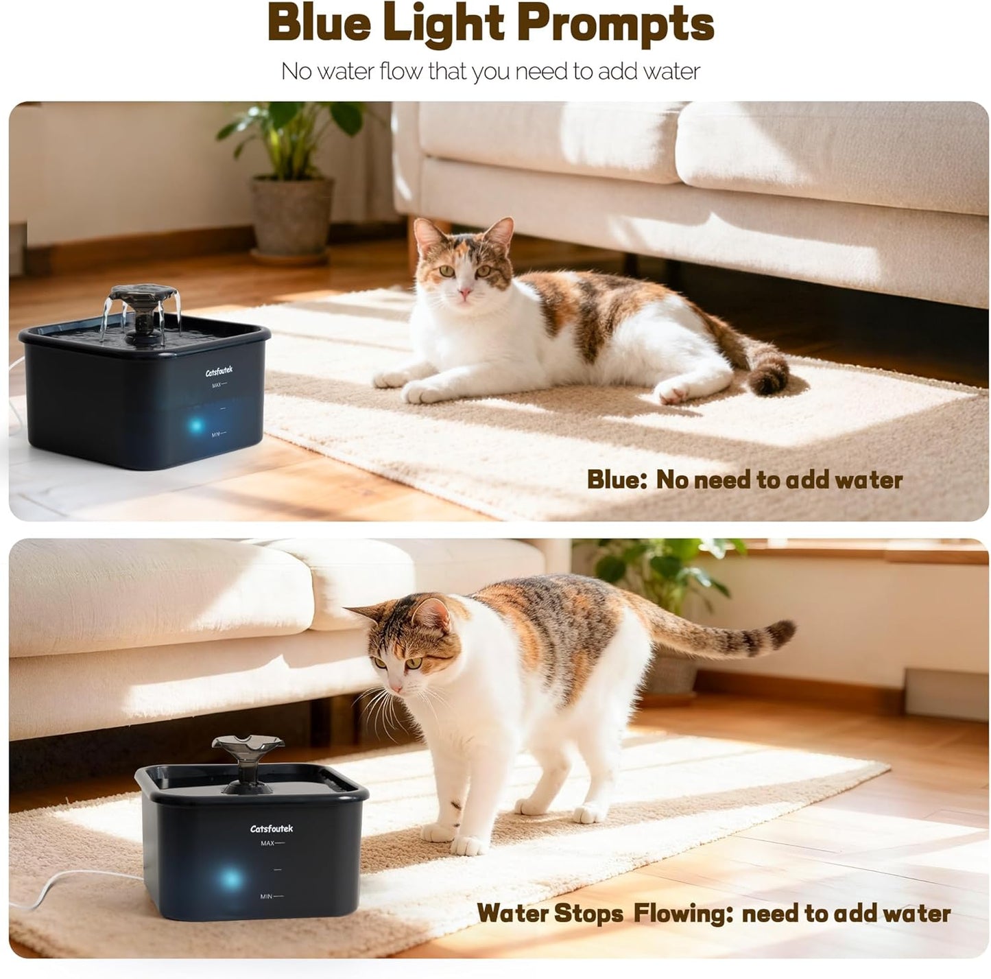 Pet Water Fountain, 74oz/2.2L Catsfoutek Water Fountain Cat for Drinking - Pet Fountain for Cats Inside - Quiet Automatic Cat Water Dispenser - Kitty Drinking Fountains - for Pets& Small Animals