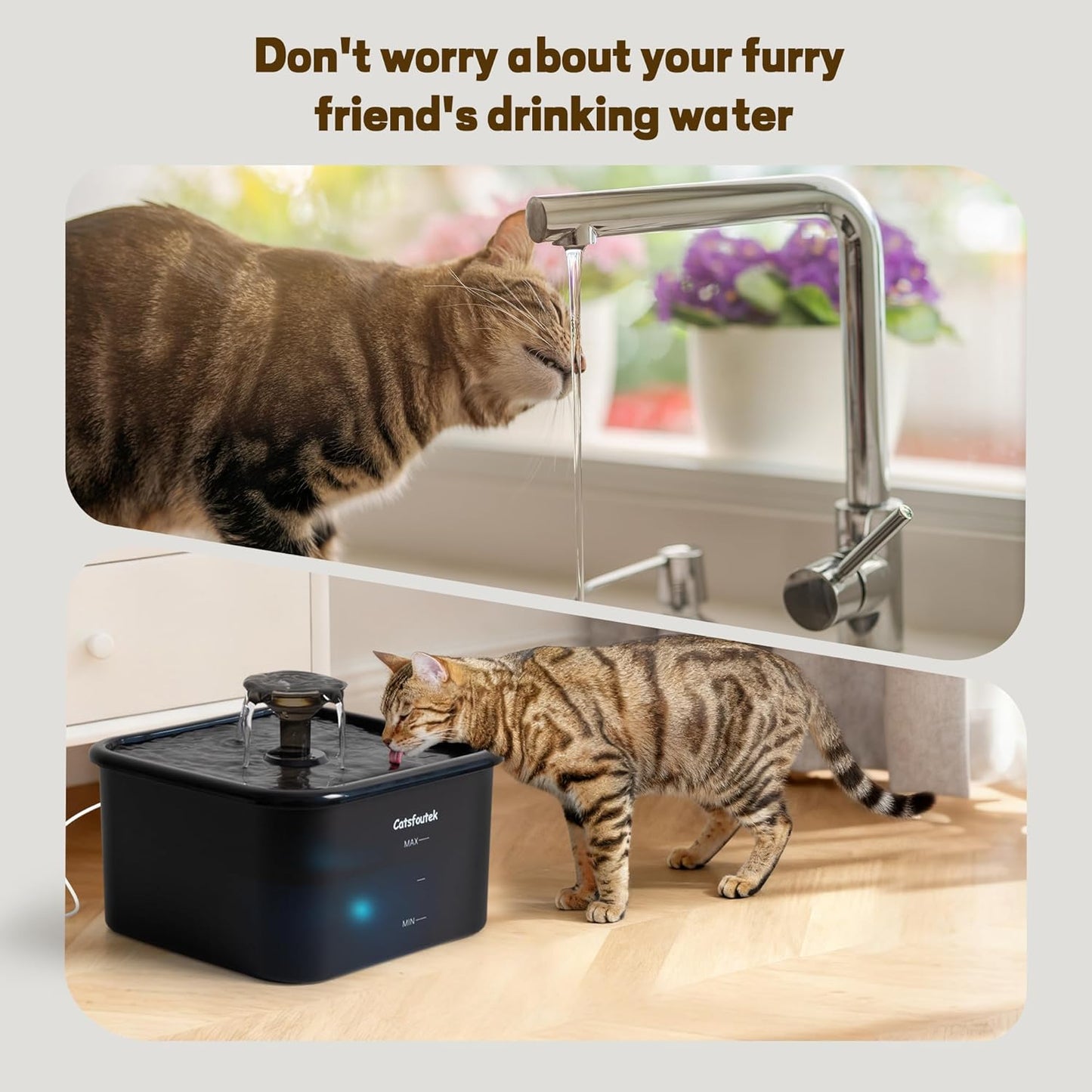 Pet Water Fountain, 74oz/2.2L Catsfoutek Water Fountain Cat for Drinking - Pet Fountain for Cats Inside - Quiet Automatic Cat Water Dispenser - Kitty Drinking Fountains - for Pets& Small Animals