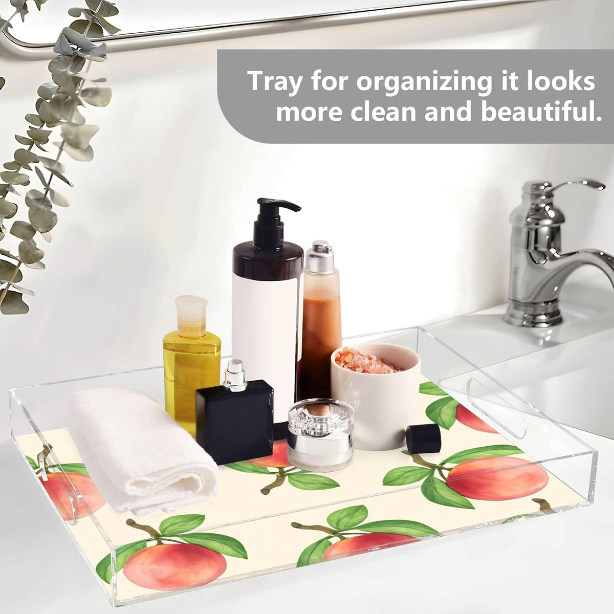 Peach Serving Tray, 15.7x11.8 Inches Decorative Acrylic Tray with Handles for Breakfast, Coffee Table, Bathroom Organizer, Storage Tray