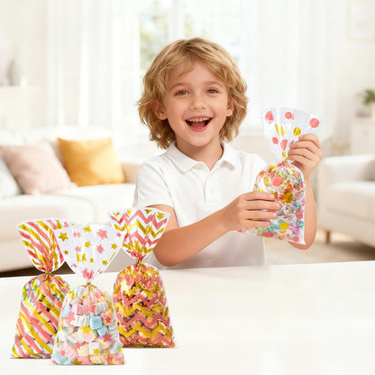 120 Pack Pink/Gold (wave dots/ wave stripes /diagonal stripes/Star Printed)Cellophane Treat Bags,10.63 x 5.12 Inch Plastic Candy Goodies Bags with 140 Pcs Twists for Valentine,Birthday,Bakery,Wedding,Gift Cookie Snack Packing,Party Favor Supplies