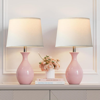 Table Lamp Set of 2, Modern Ceramic Bedside Lamps for Night Stands, Classic Small Lamp Nightstand Lamp for Bedroom Living Room Desk End Table Rocker Swtich Pink