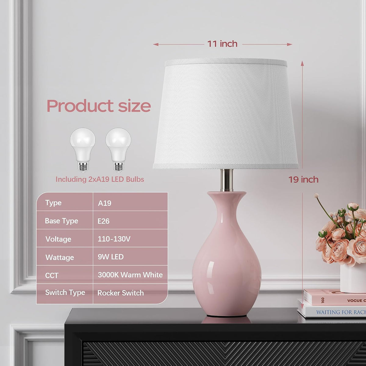 Table Lamp Set of 2, Modern Ceramic Bedside Lamps for Night Stands, Classic Small Lamp Nightstand Lamp for Bedroom Living Room Desk End Table Rocker Swtich Pink