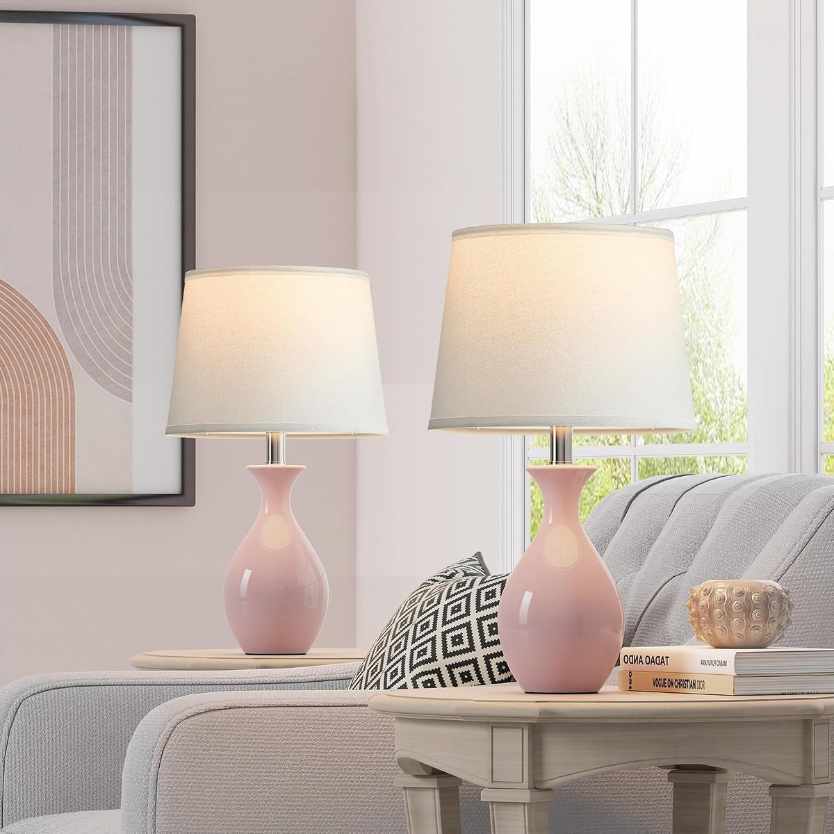 Table Lamp Set of 2, Modern Ceramic Bedside Lamps for Night Stands, Classic Small Lamp Nightstand Lamp for Bedroom Living Room Desk End Table Rocker Swtich Pink