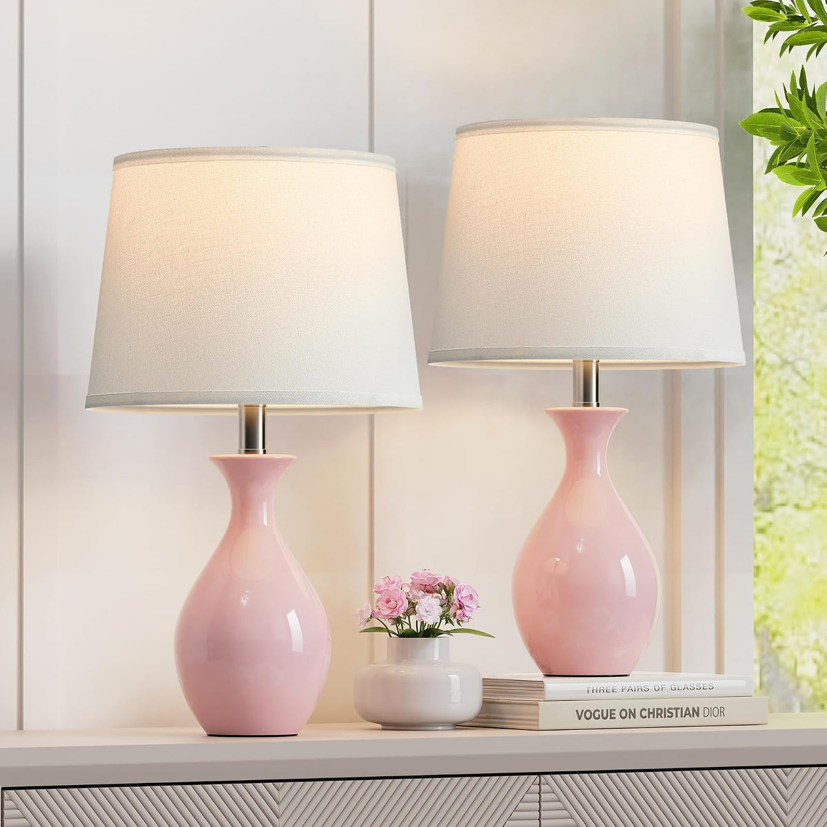 Table Lamp Set of 2, Modern Ceramic Bedside Lamps for Night Stands, Classic Small Lamp Nightstand Lamp for Bedroom Living Room Desk End Table Rocker Swtich Pink
