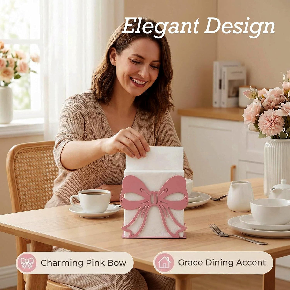 2Pack Pink Bow Napkin Holder for Table, Modern Metal Napkin Holders for Kitchen Dining Tables & Countertops, Paper Cocktail Napkins Holder Dispenser for Indoor & Outdoor Party