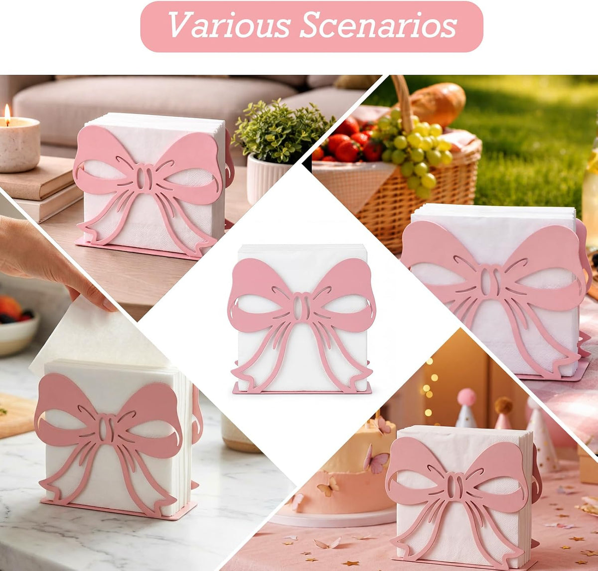 2Pack Pink Bow Napkin Holder for Table, Modern Metal Napkin Holders for Kitchen Dining Tables & Countertops, Paper Cocktail Napkins Holder Dispenser for Indoor & Outdoor Party