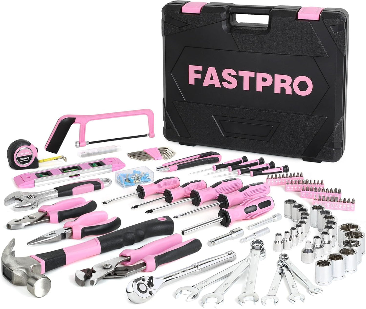 198-Piece Pink Tool Set, Home Tool Kit with Tool Box