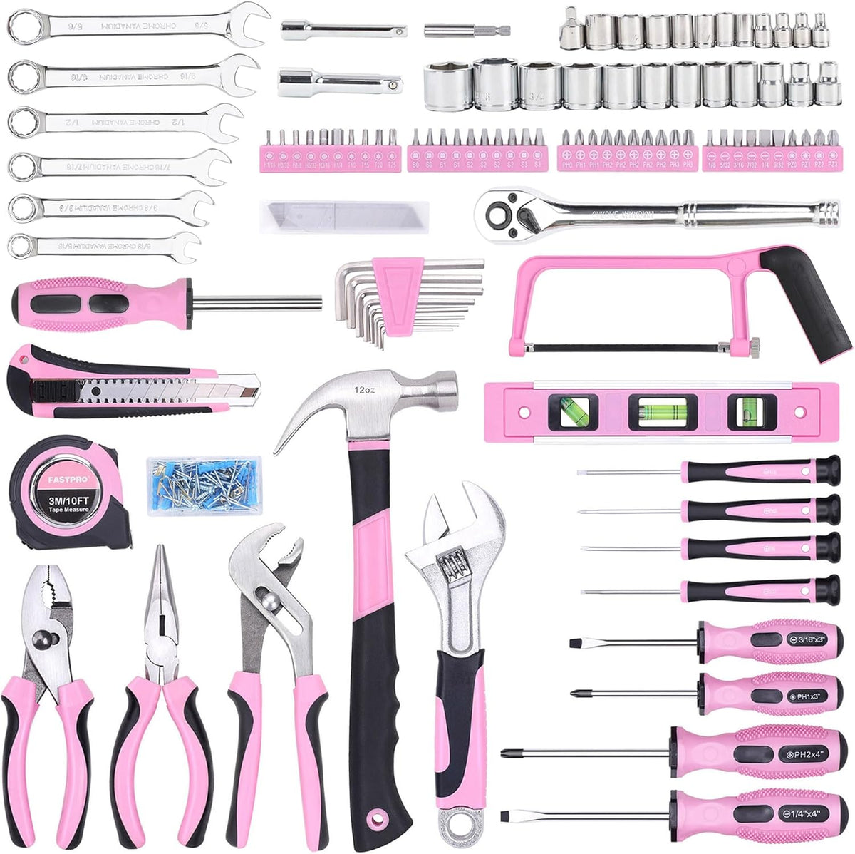 198-Piece Pink Tool Set, Home Tool Kit with Tool Box