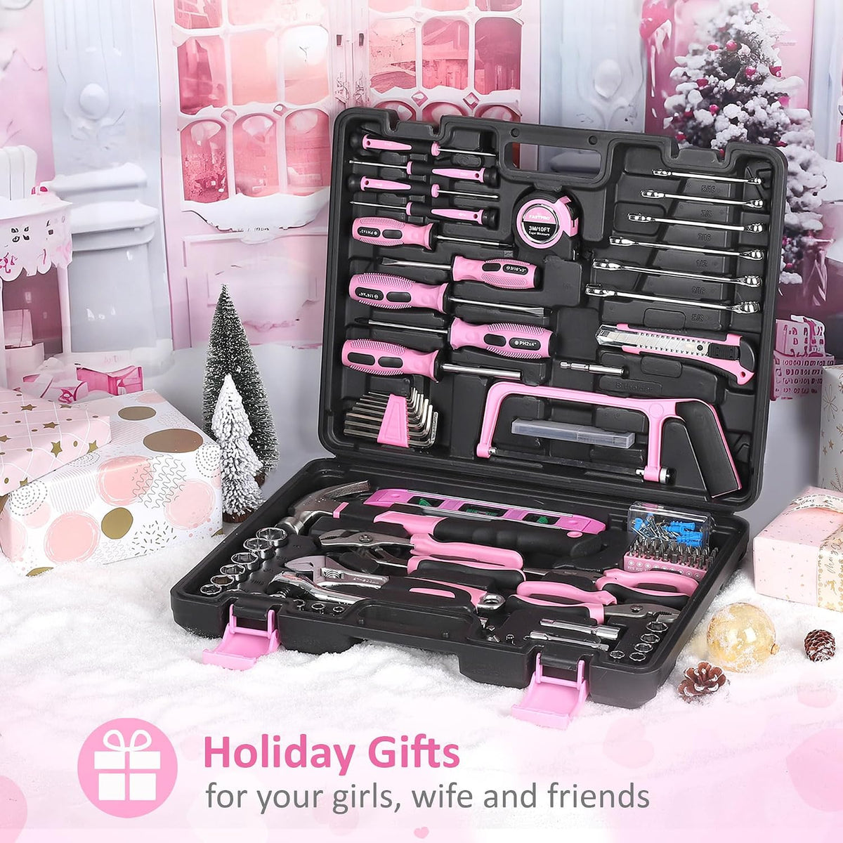 198-Piece Pink Tool Set, Home Tool Kit with Tool Box