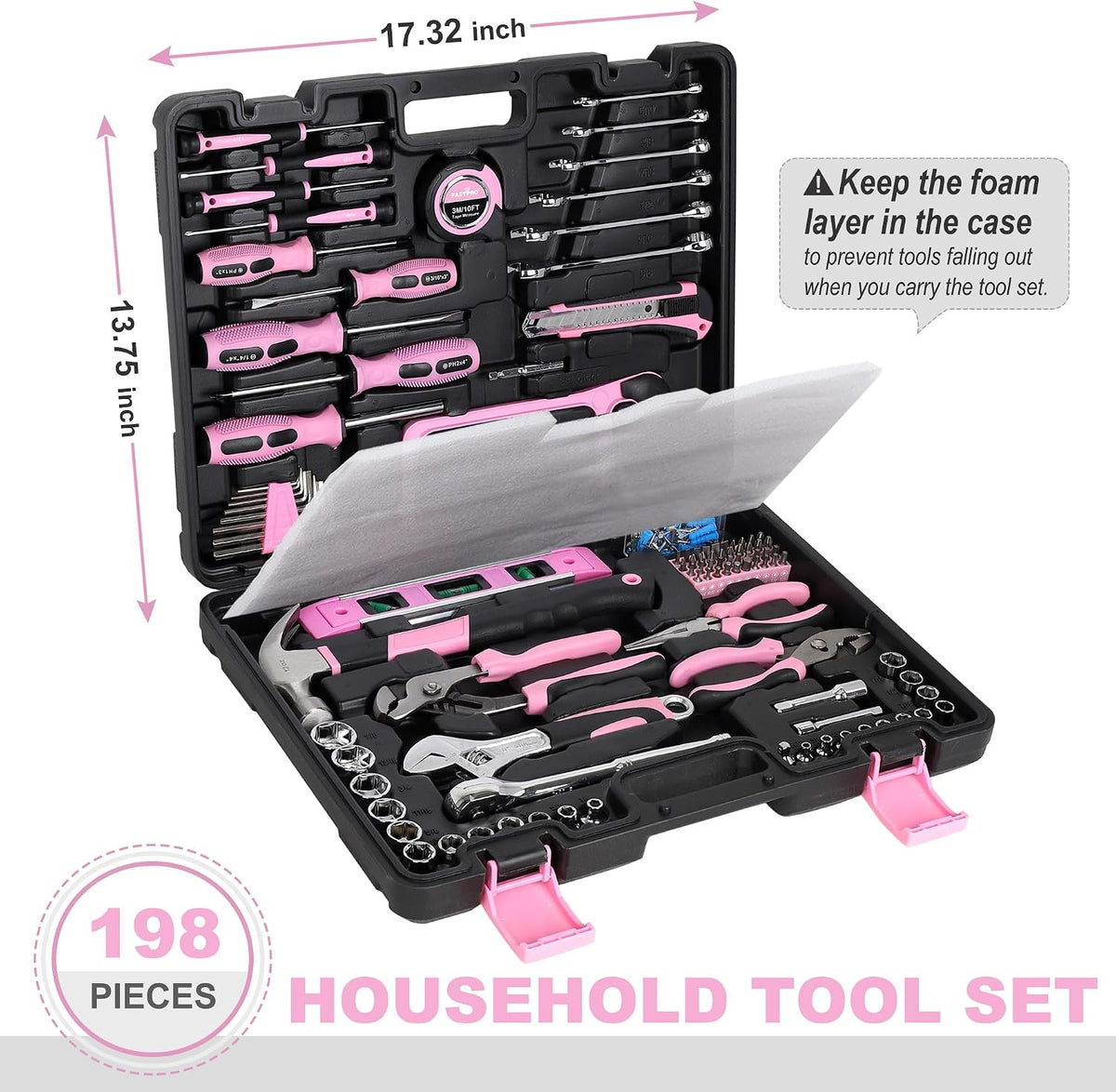 198-Piece Pink Tool Set, Home Tool Kit with Tool Box