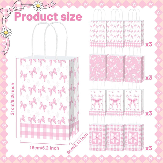 12 Pcs Pink Ribbon Bow Gift Bags with Handles, Plaid Kraft Paper Bags for Coquette-Style Birthday Party Favors, Baby Shower, Wedding, Girls Tea Party, Cute Pink Goodie Bag Bulk for Treats and Gifts