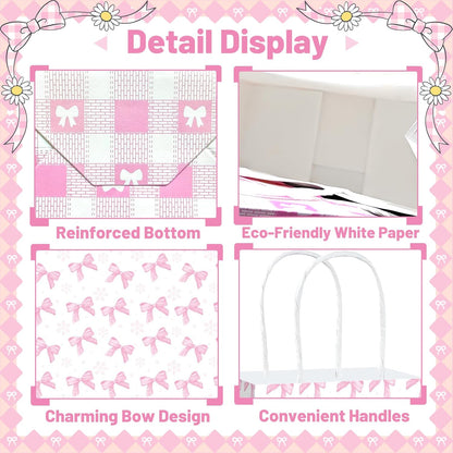 12 Pcs Pink Ribbon Bow Gift Bags with Handles, Plaid Kraft Paper Bags for Coquette-Style Birthday Party Favors, Baby Shower, Wedding, Girls Tea Party, Cute Pink Goodie Bag Bulk for Treats and Gifts