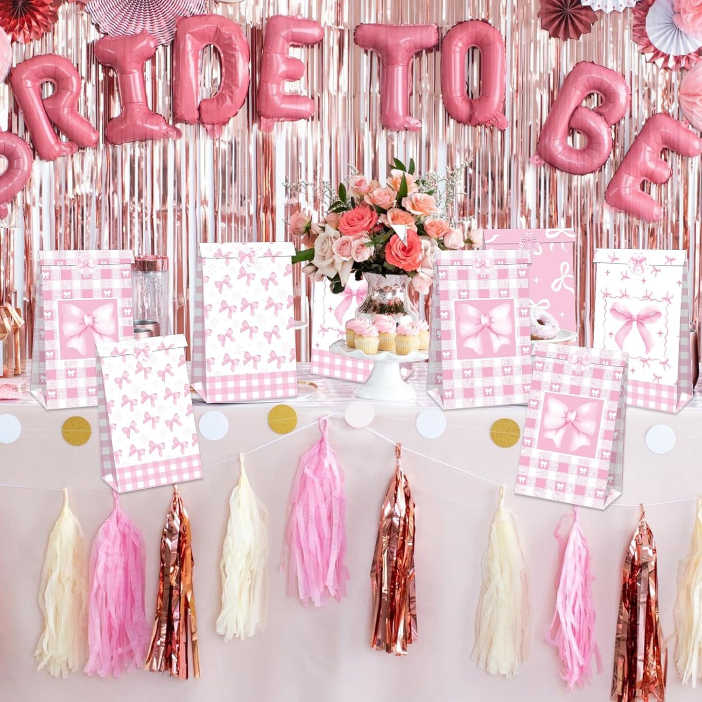 12 Pcs Pink Ribbon Bow Gift Bags with Handles, Plaid Kraft Paper Bags for Coquette-Style Birthday Party Favors, Baby Shower, Wedding, Girls Tea Party, Cute Pink Goodie Bag Bulk for Treats and Gifts