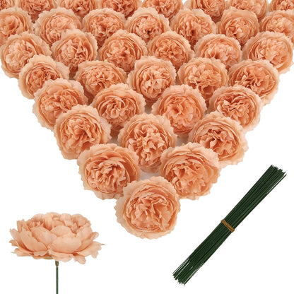 50 Pcs Peach Rose Artificial Heads Flowers with Stems 3.3'' Fake Silk Rose Heads Faux Flowers for Wedding Bridal Bouquet Floral DIY Centerpieces Arrangements Home Party Tables Decor (Peach)