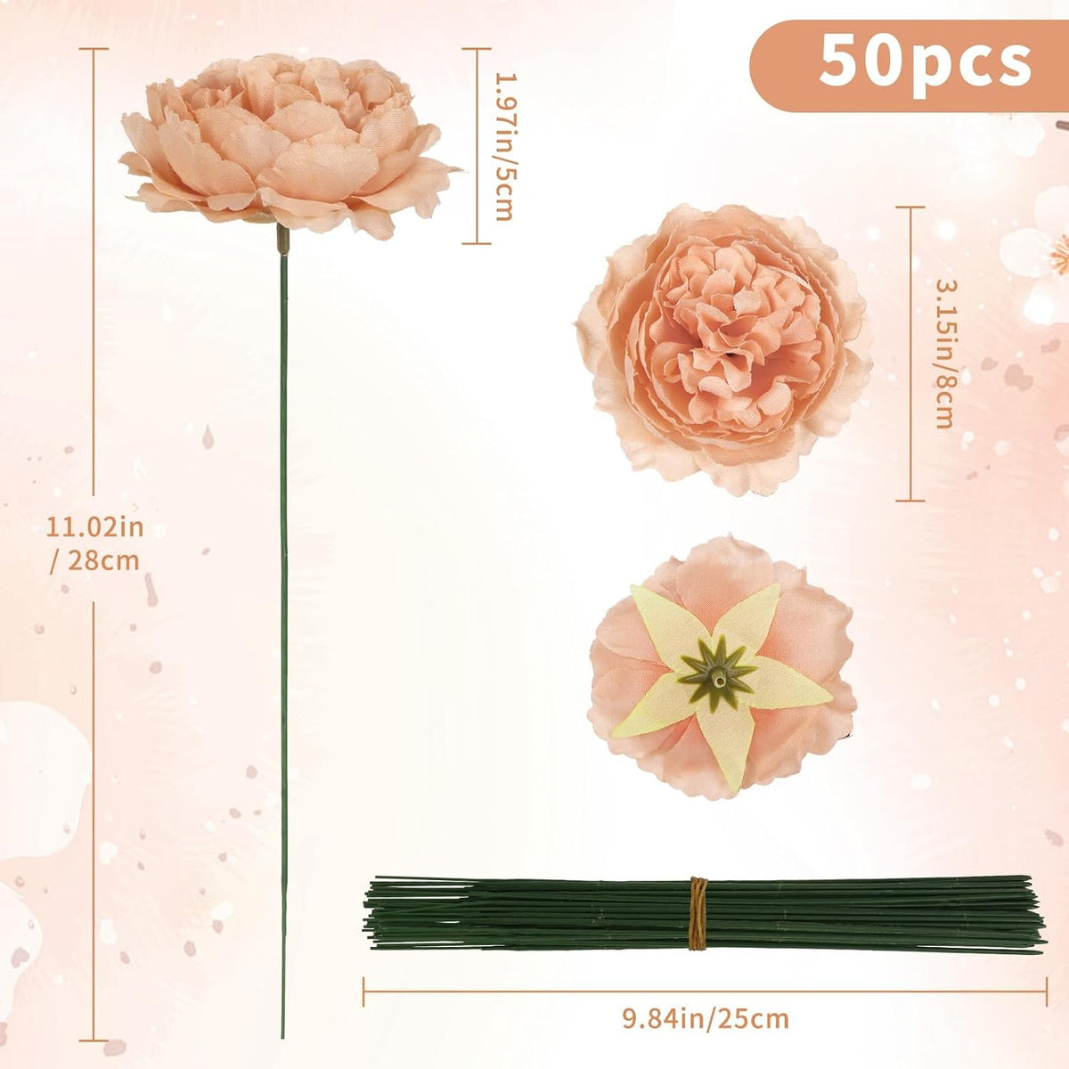 50 Pcs Peach Rose Artificial Heads Flowers with Stems 3.3'' Fake Silk Rose Heads Faux Flowers for Wedding Bridal Bouquet Floral DIY Centerpieces Arrangements Home Party Tables Decor (Peach)
