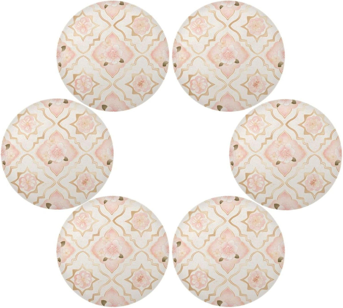 Rosette Pattern Peach Gold Floral Round Reversible placemats Heat Resistant Waterproof Set of 6 placemats for Dining Table 15.4x15.4in