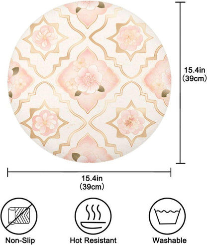 Rosette Pattern Peach Gold Floral Round Reversible placemats Heat Resistant Waterproof Set of 6 placemats for Dining Table 15.4x15.4in
