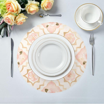Rosette Pattern Peach Gold Floral Round Reversible placemats Heat Resistant Waterproof Set of 6 placemats for Dining Table 15.4x15.4in