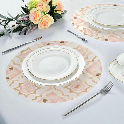 Rosette Pattern Peach Gold Floral Round Reversible placemats Heat Resistant Waterproof Set of 6 placemats for Dining Table 15.4x15.4in