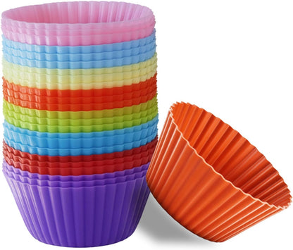 Reusable Silicone Cupcake Liners, BPA Free Silicone Muffin Cups for Baking, Oven Microwave Air Fryer Safe, 2.75 x 1.7 x 1.2 Inches, Dishwasher Safe Baking Cups, 8 Rainbow Colors, 24 Pack