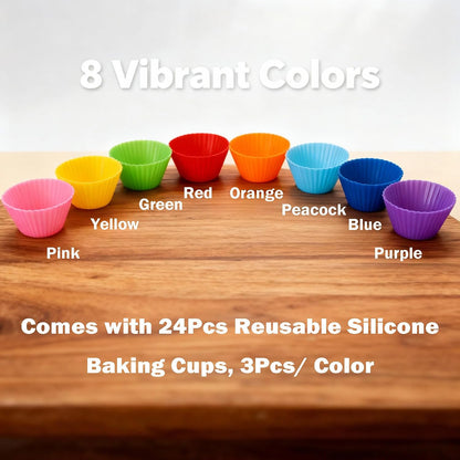 Reusable Silicone Cupcake Liners, BPA Free Silicone Muffin Cups for Baking, Oven Microwave Air Fryer Safe, 2.75 x 1.7 x 1.2 Inches, Dishwasher Safe Baking Cups, 8 Rainbow Colors, 24 Pack