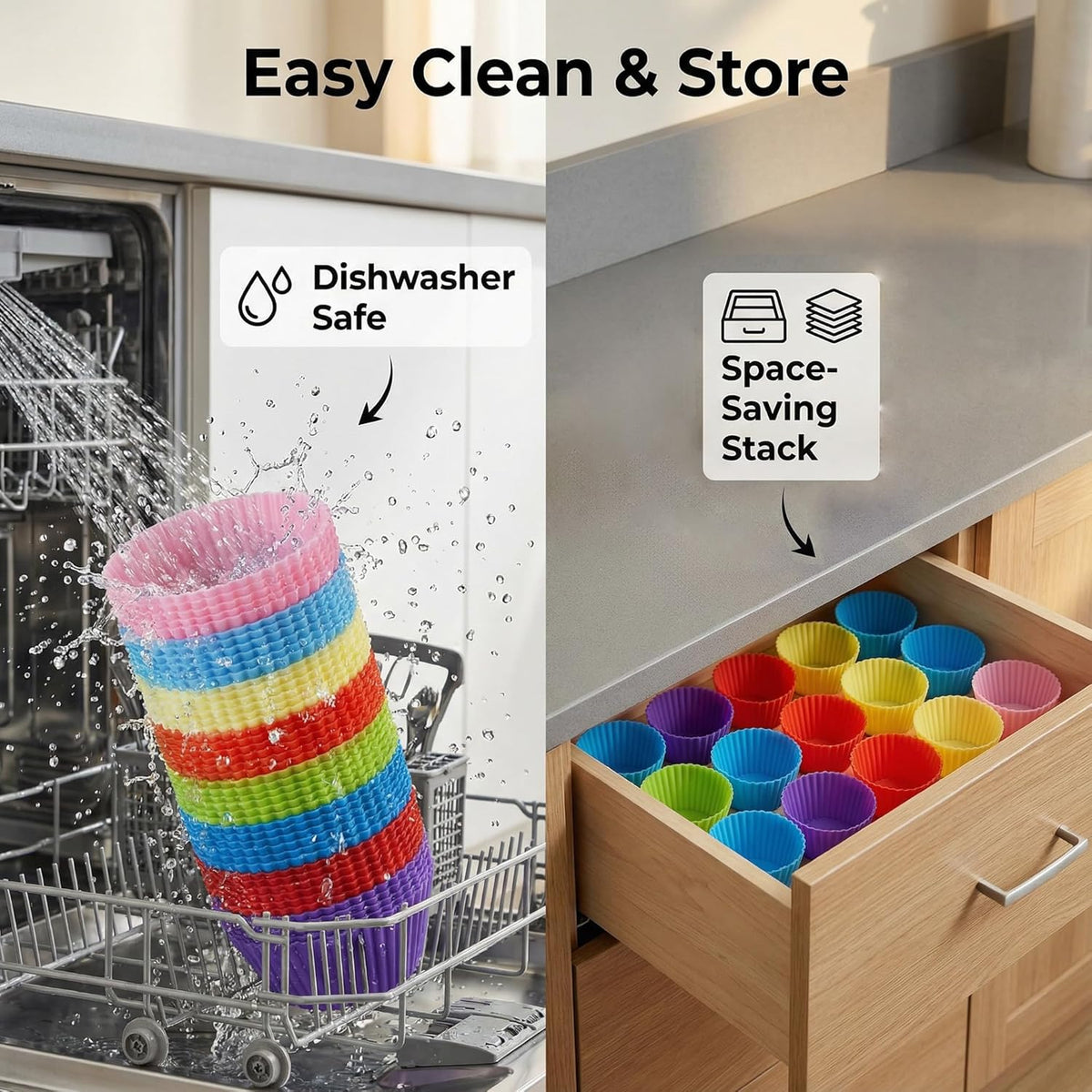 Reusable Silicone Cupcake Liners, BPA Free Silicone Muffin Cups for Baking, Oven Microwave Air Fryer Safe, 2.75 x 1.7 x 1.2 Inches, Dishwasher Safe Baking Cups, 8 Rainbow Colors, 24 Pack