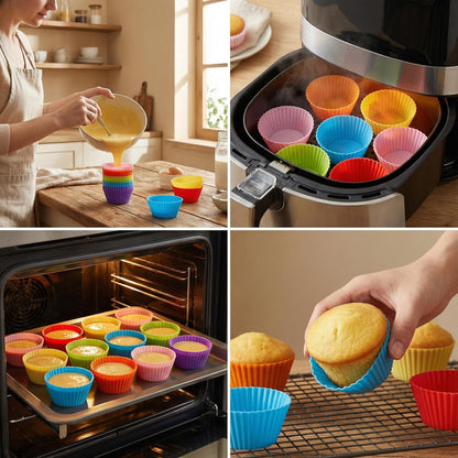 Reusable Silicone Cupcake Liners, BPA Free Silicone Muffin Cups for Baking, Oven Microwave Air Fryer Safe, 2.75 x 1.7 x 1.2 Inches, Dishwasher Safe Baking Cups, 8 Rainbow Colors, 24 Pack