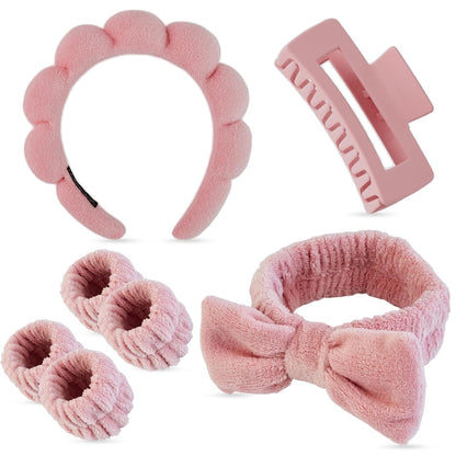 7 Pcs Spa Set, Facial Headband and Wristband Set, Skincare Accessories, College Style Girl Idea Gifts, Hair Accessories for Women and Girls（ Coral Pink）