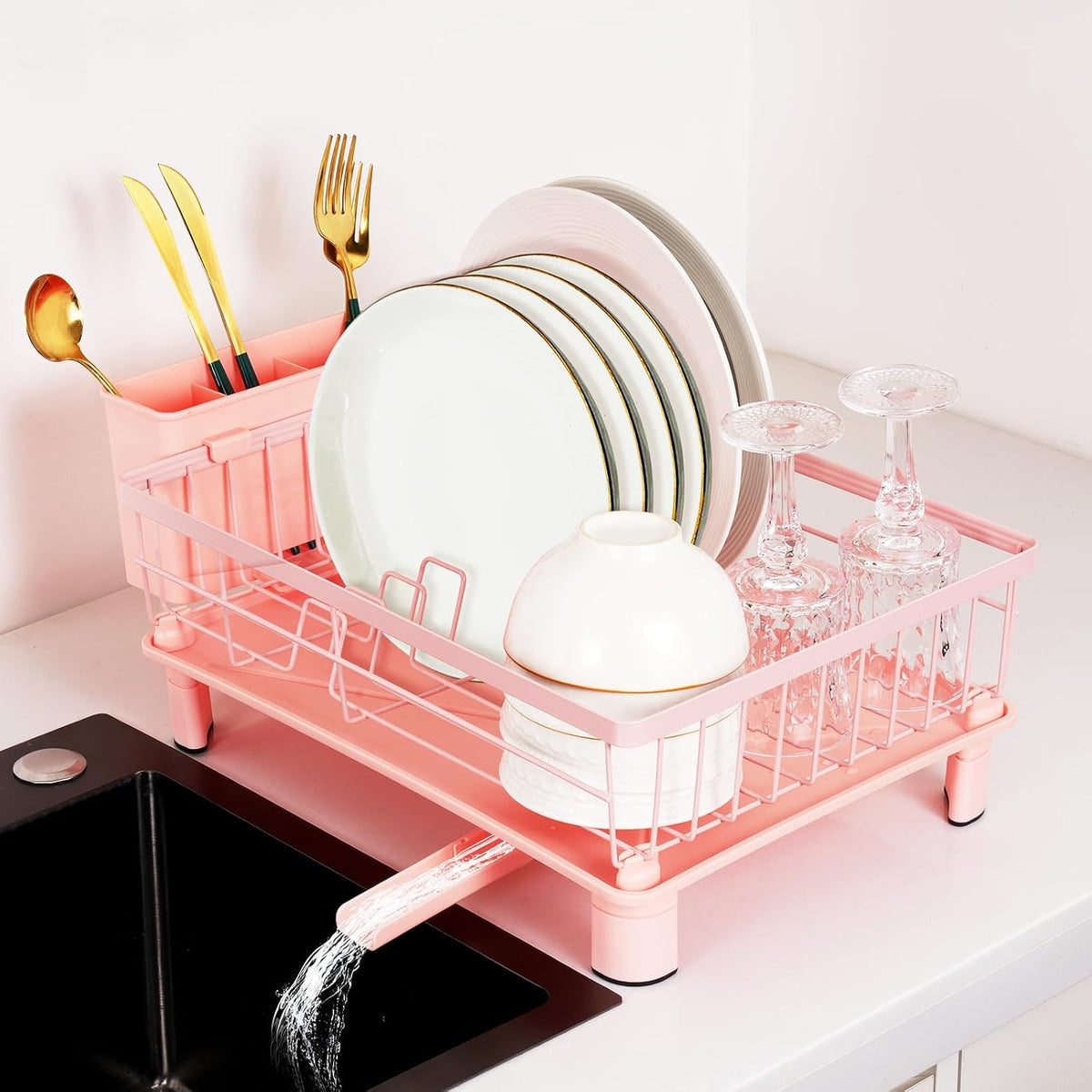 Cute Pink Dish Drying Rack with Drainboard (with 4 Hooks)