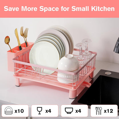 Cute Pink Dish Drying Rack with Drainboard (with 4 Hooks)
