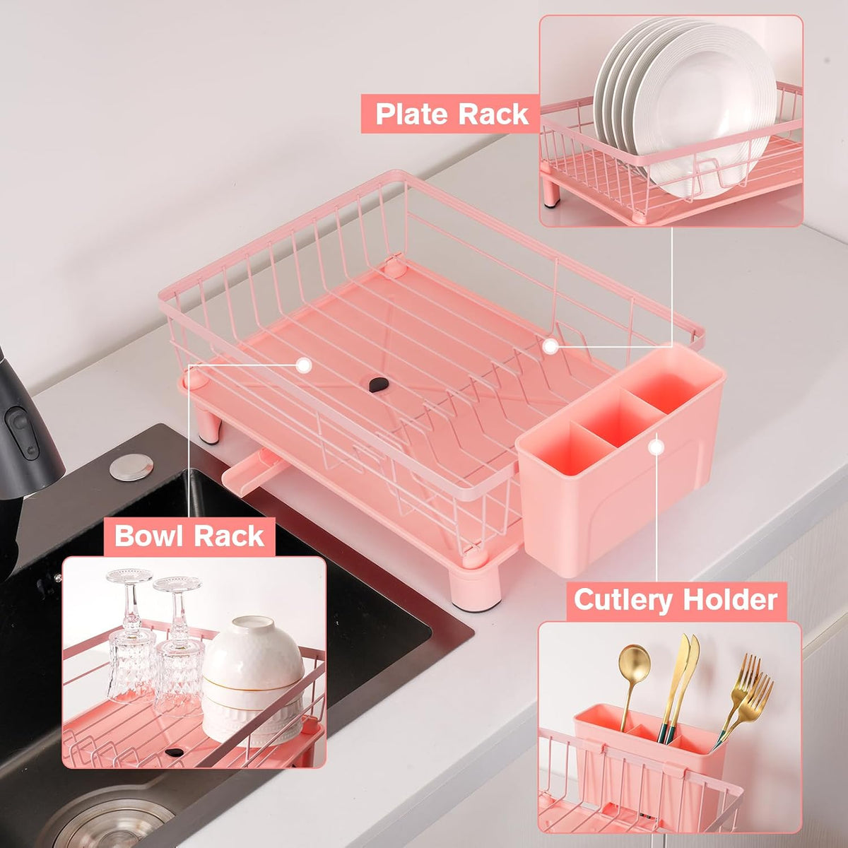 Cute Pink Dish Drying Rack with Drainboard (with 4 Hooks)