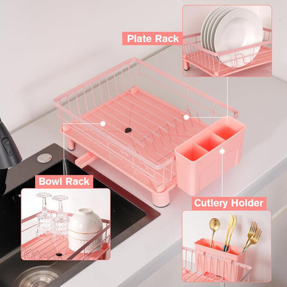 Cute Pink Dish Drying Rack with Drainboard (with 4 Hooks)