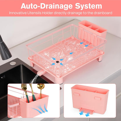 Cute Pink Dish Drying Rack with Drainboard (with 4 Hooks)