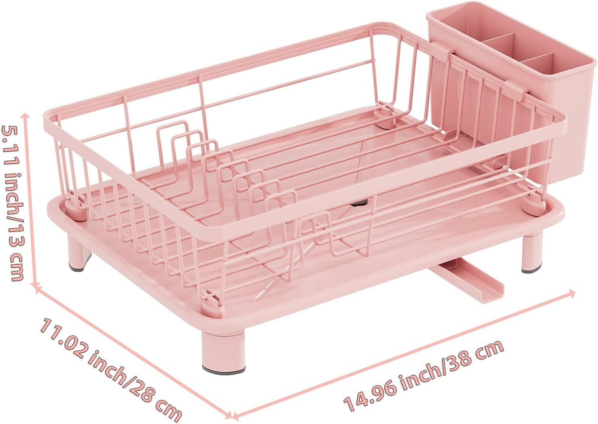 Cute Pink Dish Drying Rack with Drainboard (with 4 Hooks)