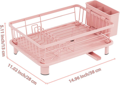 Cute Pink Dish Drying Rack with Drainboard (with 4 Hooks)