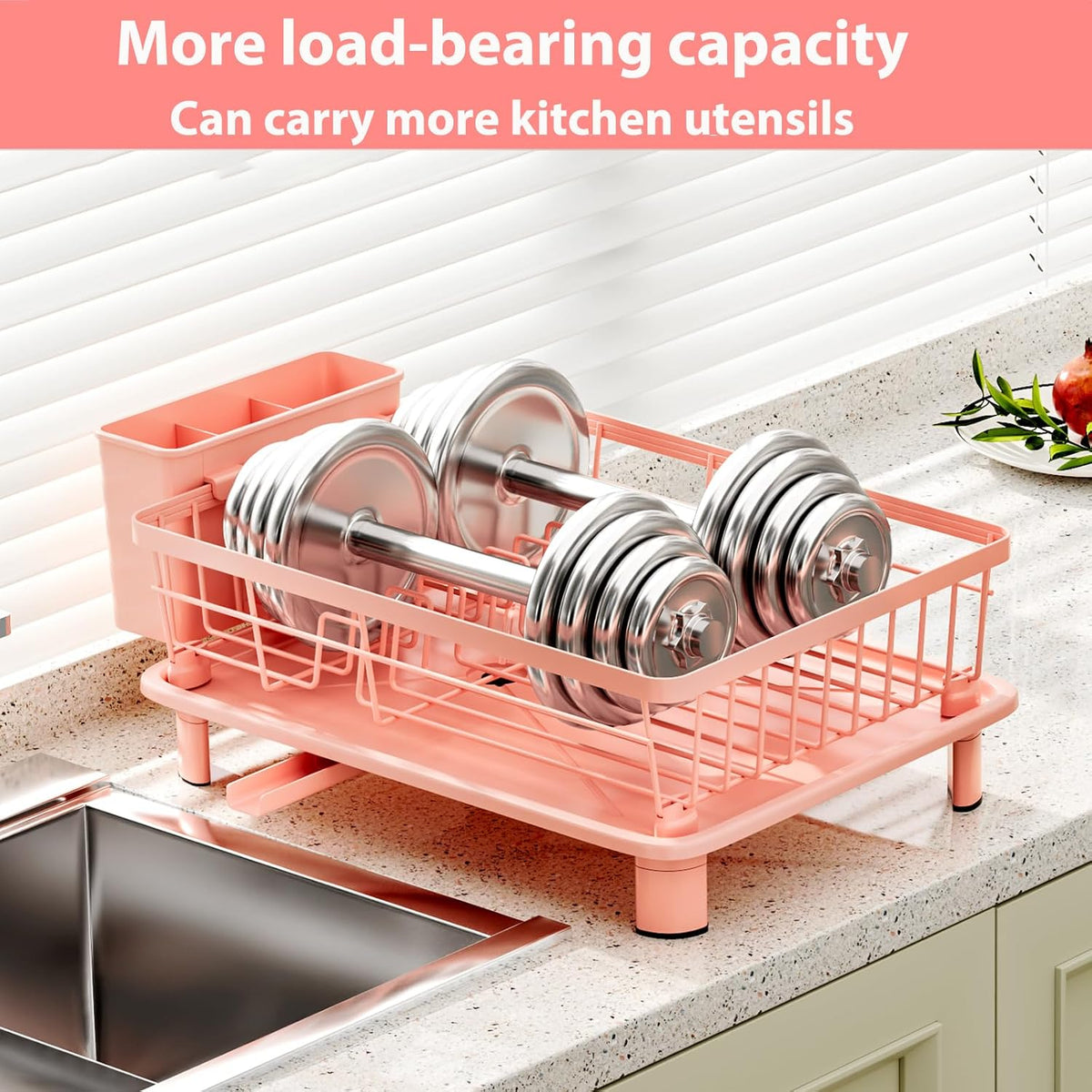 Cute Pink Dish Drying Rack with Drainboard (with 4 Hooks)