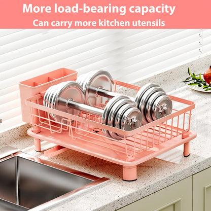 Cute Pink Dish Drying Rack with Drainboard (with 4 Hooks)