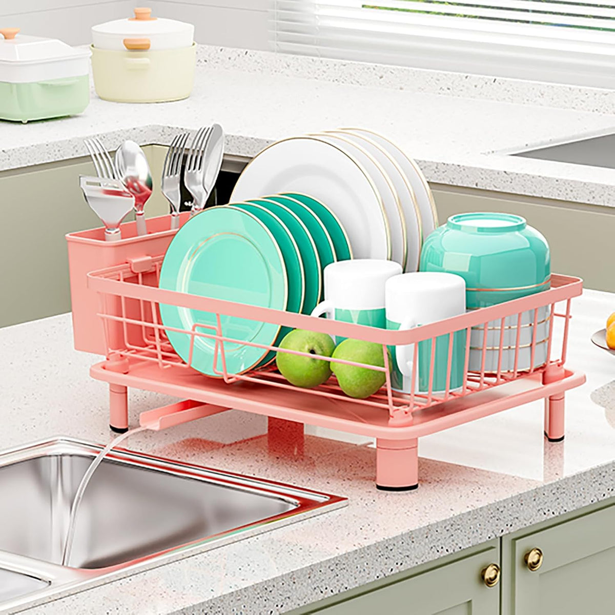 Cute Pink Dish Drying Rack with Drainboard (with 4 Hooks)