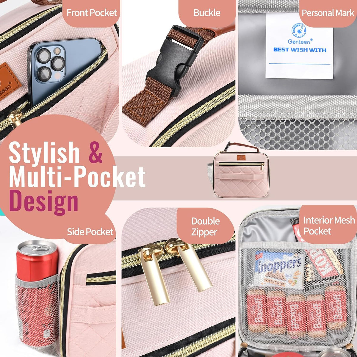 Lunch Box for Kids,Girls - Insulated Lunch Bag Reusable, Zip Closure & Buckle Handle, Portable Cooler for Work, School, Travel (Pink)