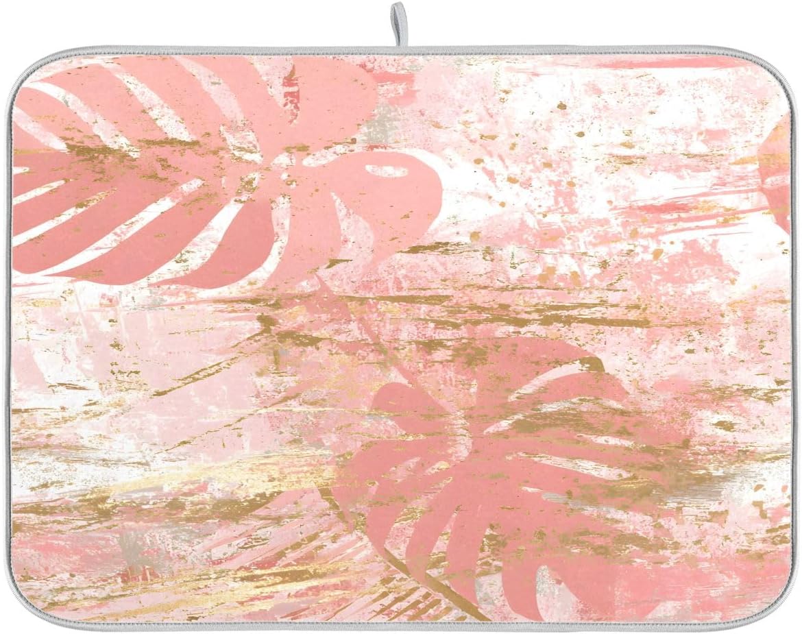 Vintage Marble Dish Drying Mat, Rose Pink Leaf Absorbent Dish Drying Mat for Kitchen, 16" x 18"
