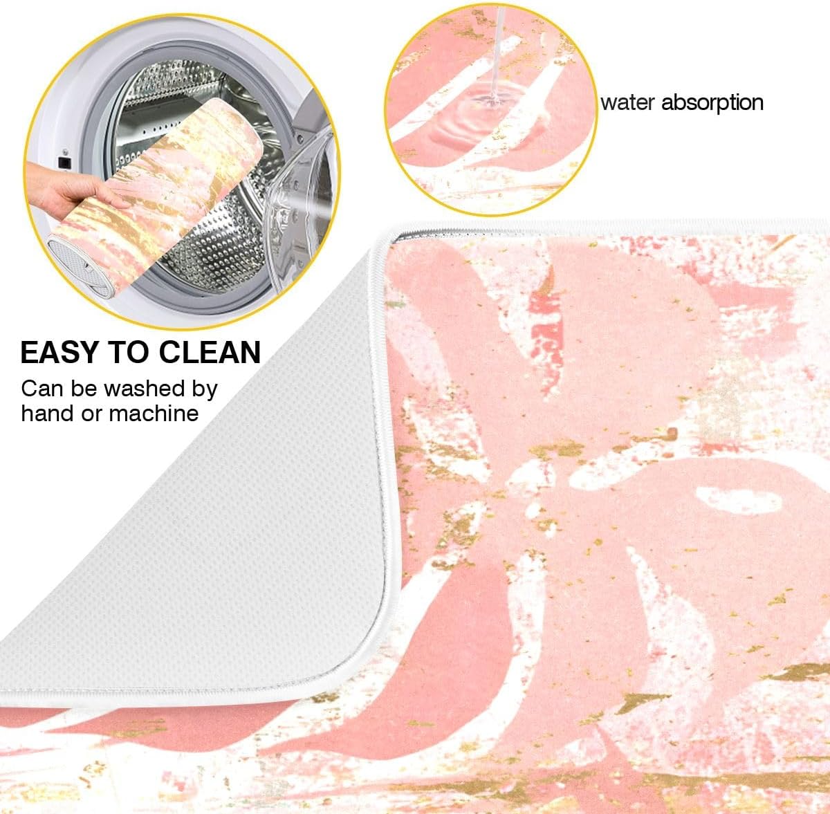 Vintage Marble Dish Drying Mat, Rose Pink Leaf Absorbent Dish Drying Mat for Kitchen, 16" x 18"