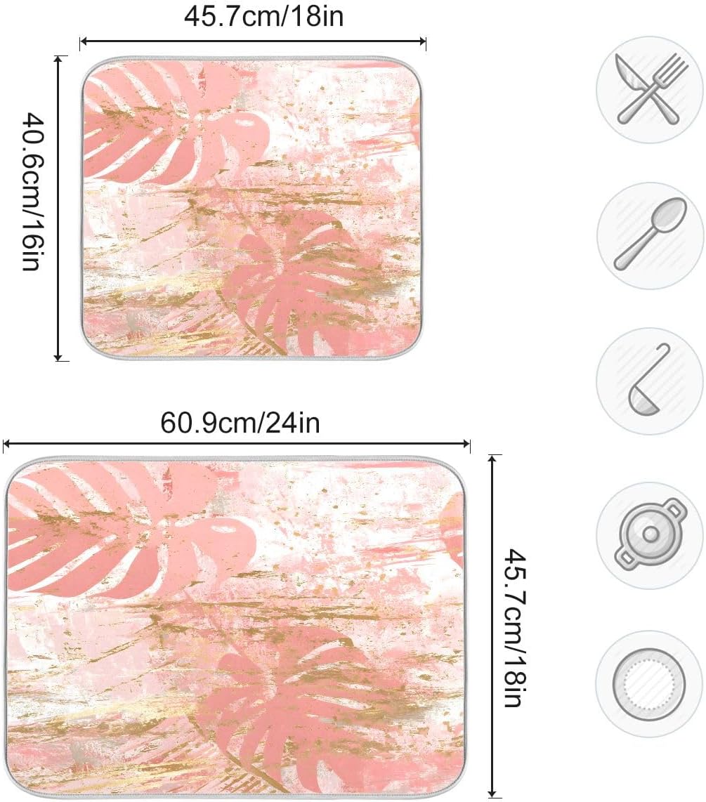 Vintage Marble Dish Drying Mat, Rose Pink Leaf Absorbent Dish Drying Mat for Kitchen, 16" x 18"
