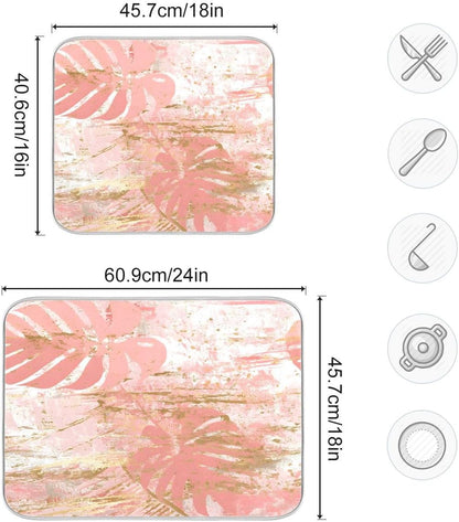 Vintage Marble Dish Drying Mat, Rose Pink Leaf Absorbent Dish Drying Mat for Kitchen, 16" x 18"