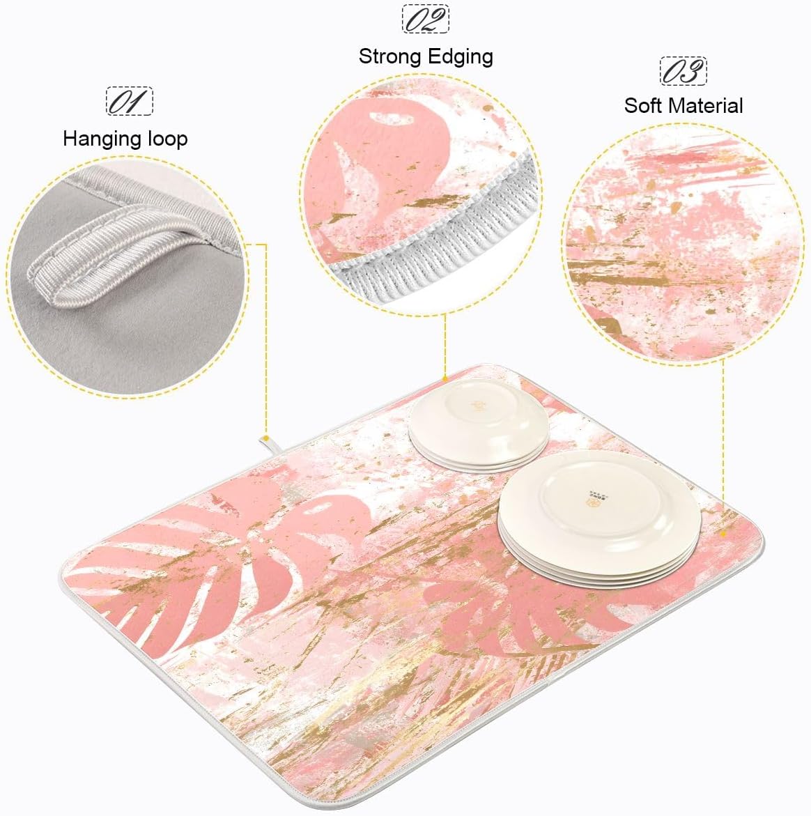 Vintage Marble Dish Drying Mat, Rose Pink Leaf Absorbent Dish Drying Mat for Kitchen, 16" x 18"