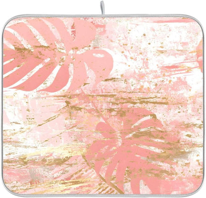 Vintage Marble Dish Drying Mat, Rose Pink Leaf Absorbent Dish Drying Mat for Kitchen, 16" x 18"
