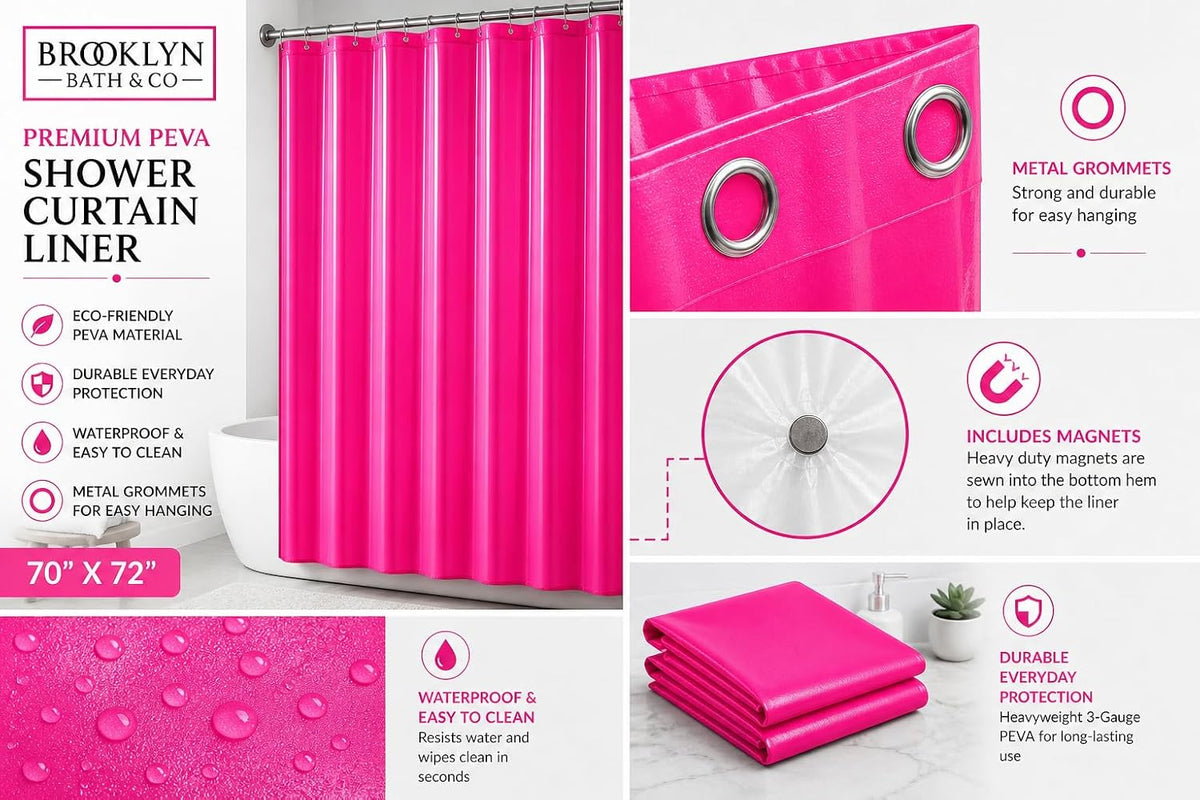 3 Gauge Shower Curtain Liner – 70 x 72 Vinyl Shower Curtain with 12 Metal Grommet and 3 Magnetic Weights – Odor Free and Compatible with Standard Showers. (Neon Pink)