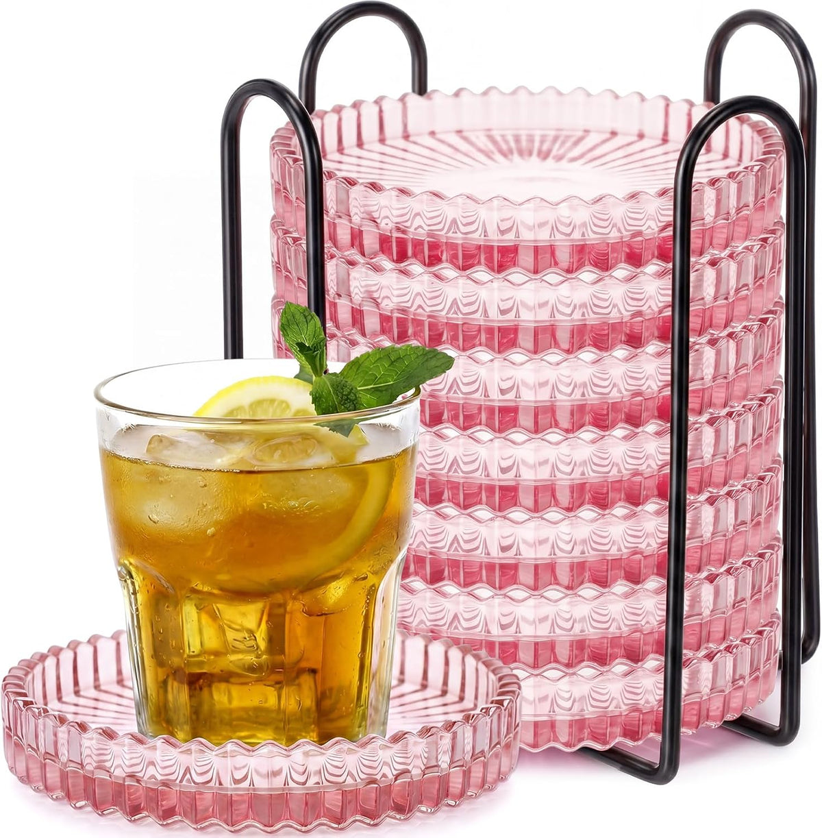 8 Pcs Glass Coasters with Holder Clear Drink Coasters Crystal Round Beverage Cup Mats Candle Holder Tray for Coffee Table Home Kitchen Table Protection Serving Accessories (Pink)