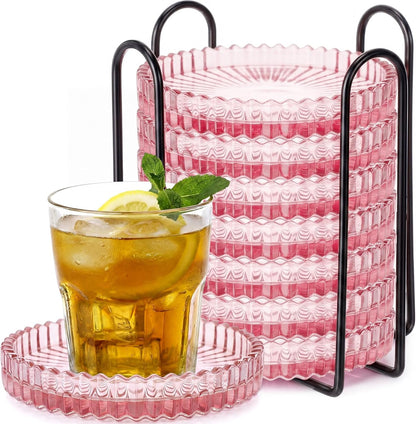 8 Pcs Glass Coasters with Holder Clear Drink Coasters Crystal Round Beverage Cup Mats Candle Holder Tray for Coffee Table Home Kitchen Table Protection Serving Accessories (Pink)