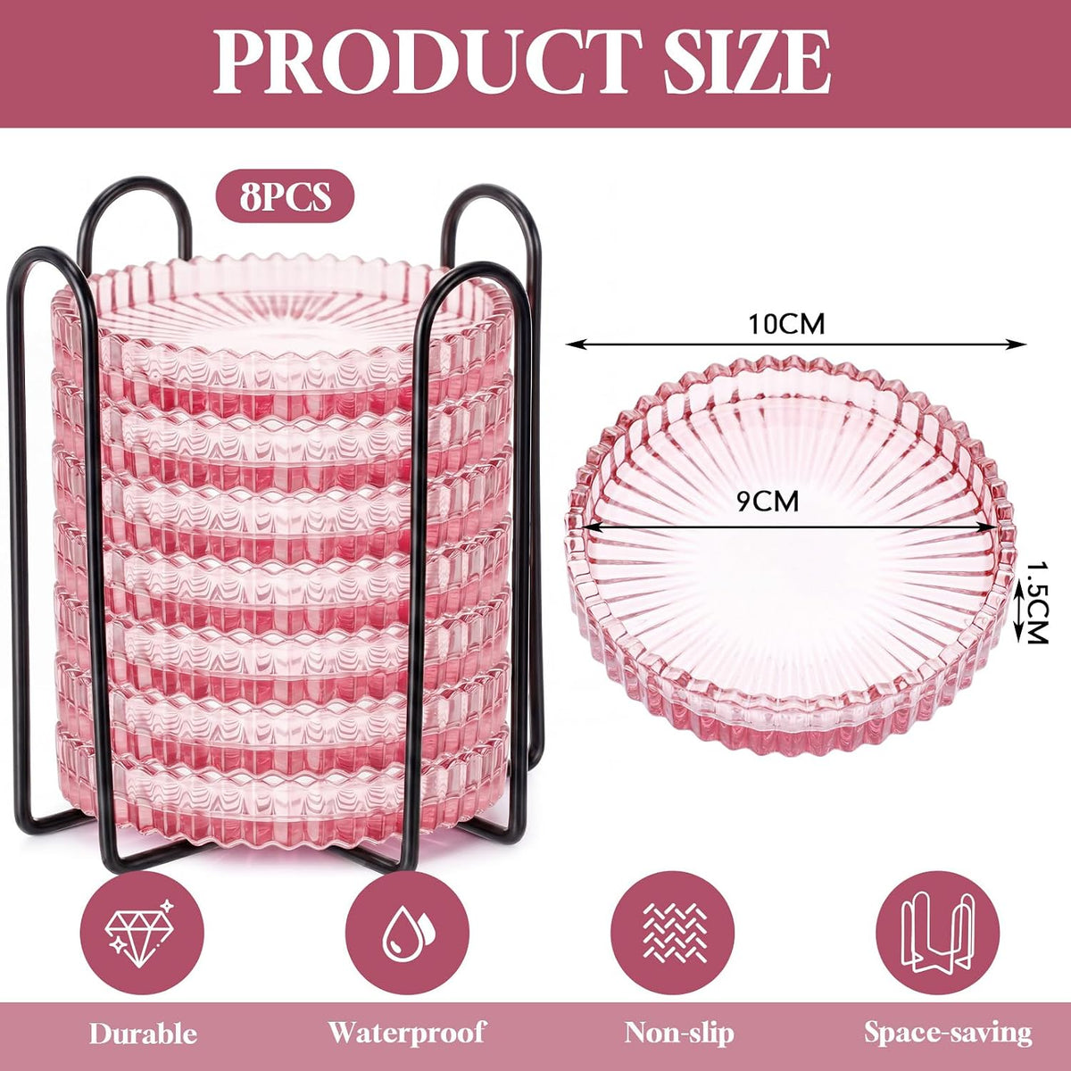 8 Pcs Glass Coasters with Holder Clear Drink Coasters Crystal Round Beverage Cup Mats Candle Holder Tray for Coffee Table Home Kitchen Table Protection Serving Accessories (Pink)