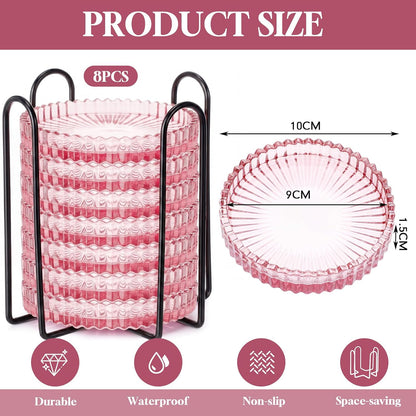 8 Pcs Glass Coasters with Holder Clear Drink Coasters Crystal Round Beverage Cup Mats Candle Holder Tray for Coffee Table Home Kitchen Table Protection Serving Accessories (Pink)